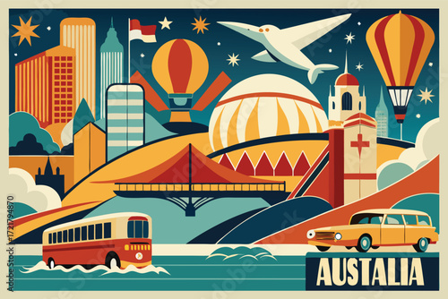 Colorful travel illustration showcasing iconic sites and experiences in Australia
