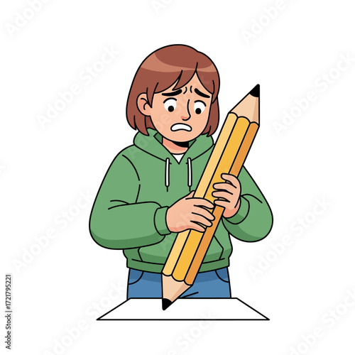 Overwhelmed Student with Giant Pencil Illustration of Writer's Block and Anxiety