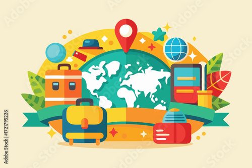 Travel items and world map illustration showcasing adventure and exploration concepts for wanderers