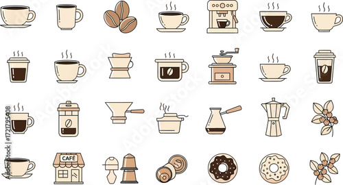 Coffee Icon Set with Beans, Cups, Coffee Makers, Cafe and Donuts Illustration