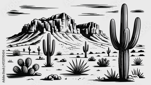 Southwestern Desert Etching,  Hand Drawn Vector Illustration of Arid Landscape with Cacti and Mountains, Vintage Style for Posters, Prints, Graphic Design, Rustic Artwork, and Creative Projects