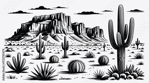 Arid Desert Landscape Engraving,  Vintage Etching Illustration of Cacti, Distant Mountains, Southwestern Scenery, Rustic Desert Artwork, Hand Drawn Vector for Prints, Posters, and Design Projects