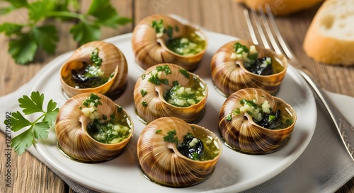 Wallpaper Mural Gourmet Escargot Preparation, Fine Dining Setting, Food Photography, Rustic Environment, Close-Up View, French Cuisine Concept Torontodigital.ca