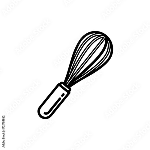 Simple line art icon of a kitchen whisk, a symbol for cooking, baking, and culinary preparation. Minimalist vector illustration for recipes and food blogs