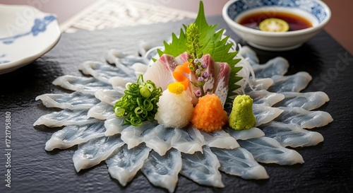 Wallpaper Mural Exquisite Japanese Delicacy Served on Slate, Traditional Setting, Culinary Art, Vibrant Presentation Torontodigital.ca