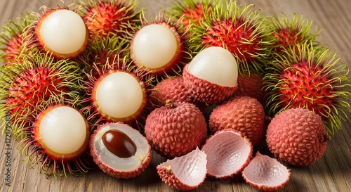 Wallpaper Mural Fresh Lychee and Rambutan Fruits Displayed on Wooden Surface, Food Photography, Natural Lighting, Close-Up View Torontodigital.ca