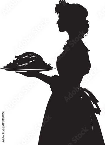 Black silhouette of person in apron holding tray with cooked turkey, symbolizing hospitality and festive meal service