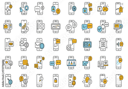 Collection of modern smartphone interface icons representing various digital services security and user experience features
