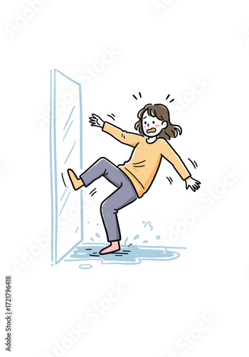 Woman slipping on wet floor with surprised expression indoors  