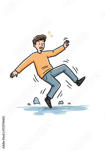 Young man slipping on wet surface while looking surprised  