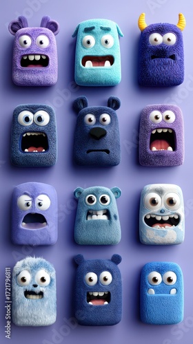 Colorful furry characters with expressive faces arranged in a grid on a light purple background