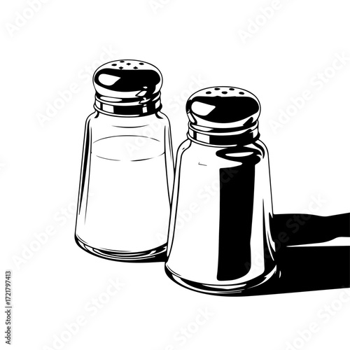 Two classic glass salt and pepper shakers with metallic lids, rendered in a stark black and white illustration style, casting a distinct shadow