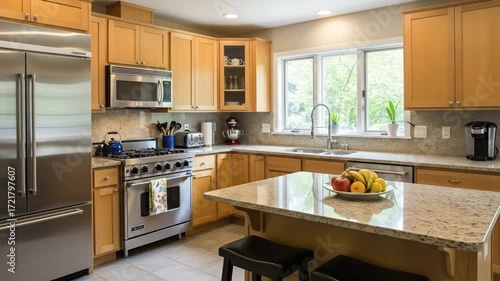 A well-lit kitchen featuring stainless steel appliances light wood cabinetry speckled countertops and a kitchen island displaying a fruit bowl