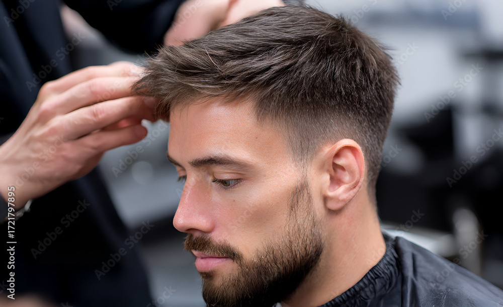 Fototapeta premium Male hairstylist is giving a modern haircut to a young man with a beard, showcasing precision and skill in a contemporary salon environment with stylish decor
