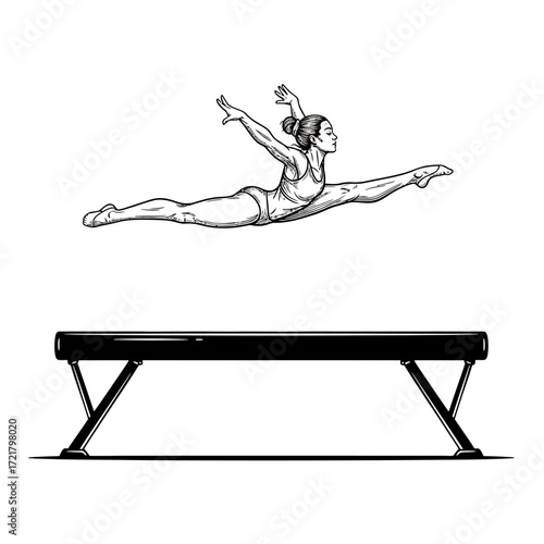 Black vector illustration of a jumping athlete with the silhouette of a bench in the snow