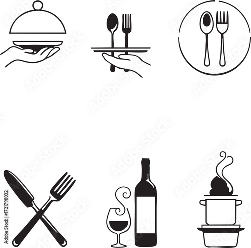 A collection of six black and white food and drink icons representing culinary and dining themes