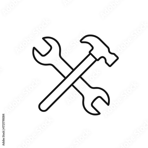 Crossed hammer and wrench icon in minimalist line art style  