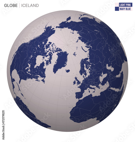 Vector Globe centered to Iceland. Light Pink Navy Blue palette. World map with meridians, parallels, countries, rivers and lakes. Creative vector illustration.