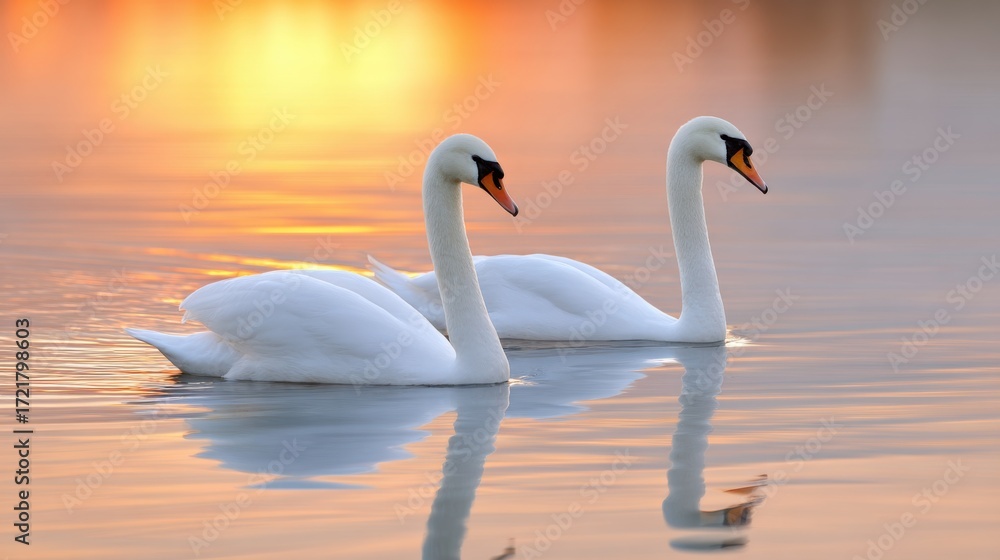 Fototapeta premium Two white swans gliding together on calm lake water, reflection glowing at sunset, symbol of love and peace