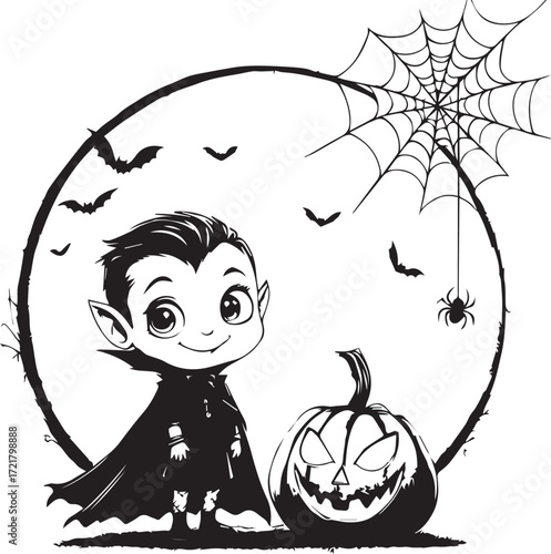 Halloween cartoon illustration with vampire child, carved pumpkin, bats, spider, and spooky circular frame in black and white