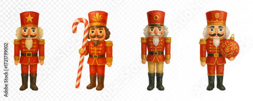 Christmas nutcracker set with toy soldiers in red uniforms, holding bow, ornament, and candy cane, festive watercolor illustration with vintage charm. Vector illustration.