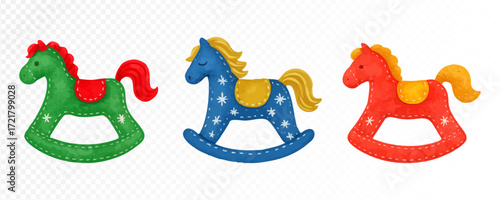 Set of felt rocking horses in green, blue, and orange with colorful manes, saddles, and stitched details, handmade cozy fabric toys in watercolor texture. Vector illustration.