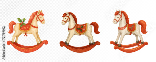 Vintage rocking horse set with red manes, festive saddles and holiday details, classic Christmas toy design in cozy watercolor texture for seasonal decor. Vector illustration.