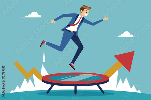 Professional man bouncing on a trampoline with an upward trend behind him in a cheerful setting