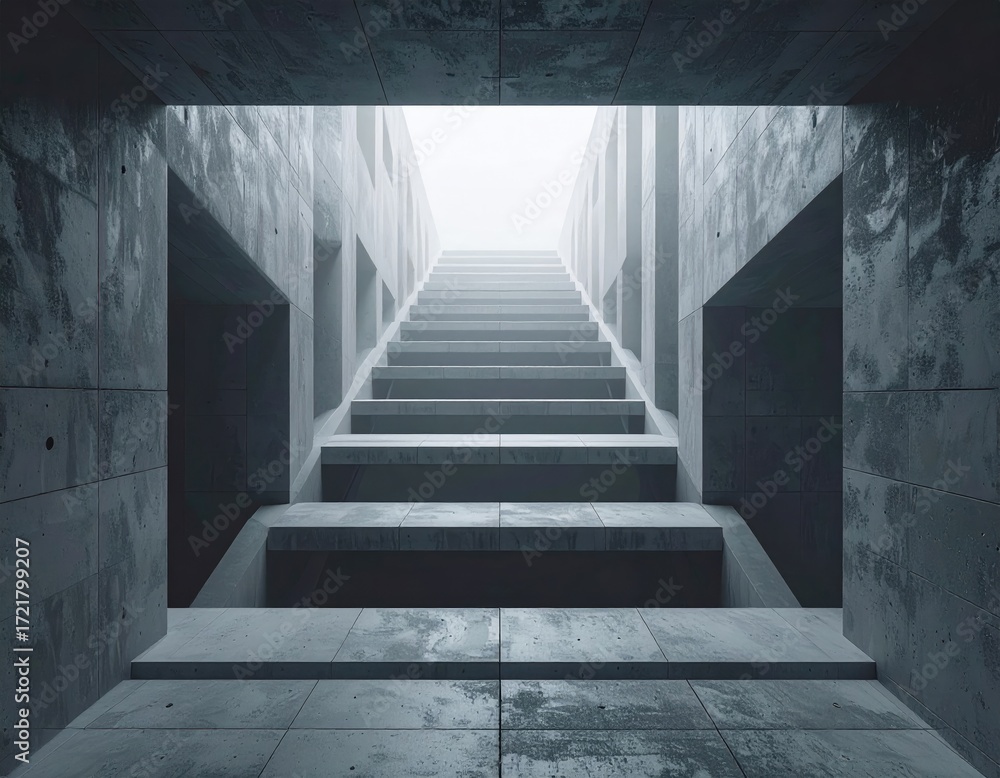 Fototapeta premium Ascending Steps to the Unknown: A minimalist architectural scene showcasing a grand, symmetrical staircase leading towards a bright, ethereal light. Evoking a sense of mystery, hope, and potential.