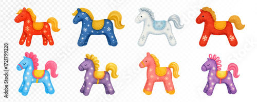 Set of colorful felt horses in red, blue, white, orange, purple, pink and turquoise with stitched details, handmade cozy fabric toys in watercolor style. Vector illustration.