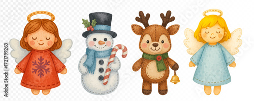 Christmas felt set of characters with angels, snowman and reindeer, cozy handmade fabric toys in festive outfits, cheerful holiday watercolor illustration. Vector illustration.