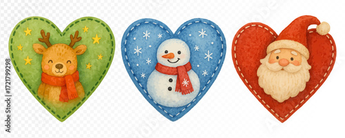 Christmas felt heart set with reindeer, snowman and Santa Claus, handmade cozy fabric ornaments in bright festive watercolor style for holiday decor. Vector illustration.