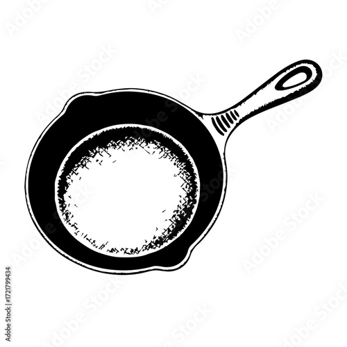 A vintage-style, hand-drawn sketch of a classic cast iron skillet. Isolated black and white cooking utensil illustration for culinary designs