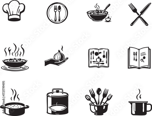 A collection of black and white kitchen and cooking related icons in a grid arrangement