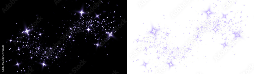 Fototapeta premium Sparkling starry overlay with shimmering stars on a black background and a soft purple gradient, ideal for adding a magical touch to various creative projects