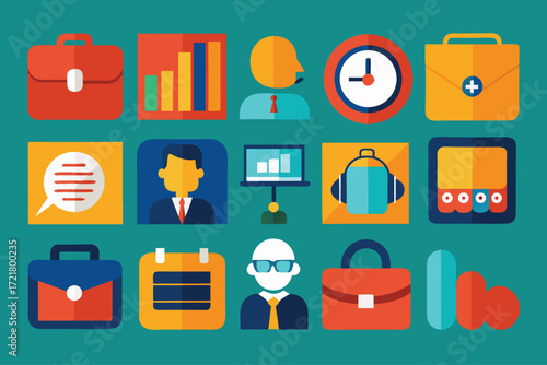 Colorful icons representing various professions and activities in a modern workspace setup