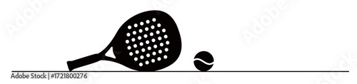 Silhouette of a padel racket in a reclining position and a ball on a straight line. A trendy sports concept.