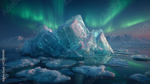 Iceberg reflecting northern lights in glacial ocean landscape  