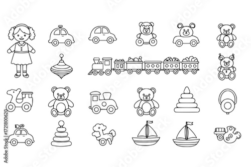 Children's toys line icon set. Doll, car, train, top, teddy bear, pyramid, boat and others. Outline vector icon in linear style. Conceptual pictogram collection. 