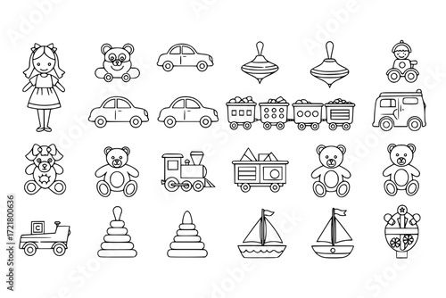 Children's toys line icon set. Doll, car, train, top, teddy bear, pyramid, boat and others. Outline vector icon in linear style. Conceptual pictogram collection. 