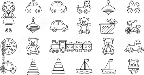 Children's toys line icon set. Doll, car, train, top, teddy bear, pyramid, boat and others. Outline vector icon in linear style. Conceptual pictogram collection. 