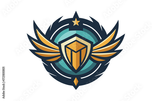 Creative emblem design featuring a shield and wings with star accents