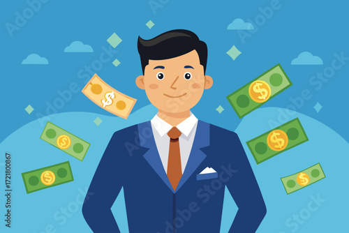Successful businessman surrounded by money looking confident and positive in a bright setting