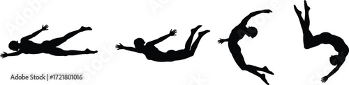 Silhouette, backflip, motion, athlete, jump, acrobat, dynamic pose, sports action, human movement, airborne, flip sequence, expressive, black figure, isolated, energy, stunt, mid-air