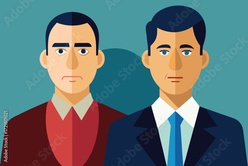 Two men in suits standing side by side with contrasting expressions and styles in a minimalist background