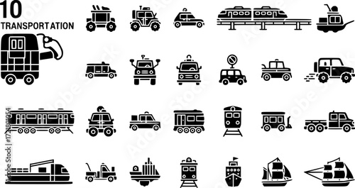 set of 100 glyph transportation web icons. filled icons such as litter car,off road,monorail,jalopy,subway,cargo ship,schooner. vector illustration