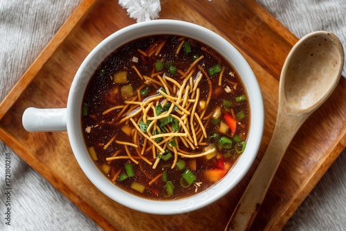 Manchow soup with fried noodles, vegetables, and spring onions in ceramic bowl