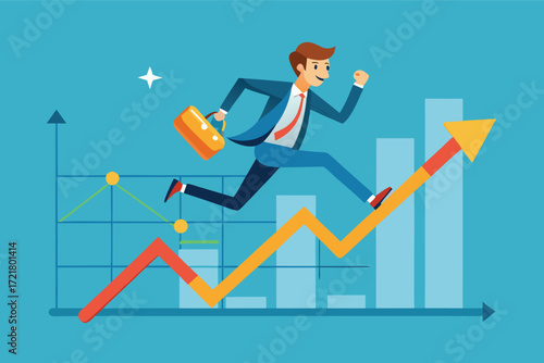 Businessman running up a growth chart with enthusiasm and a briefcase in hand