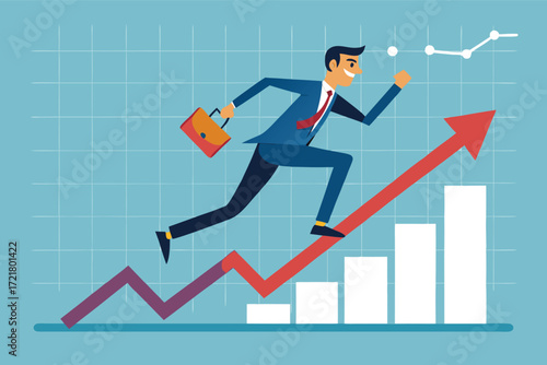 Businessman running up a growth chart with a briefcase during a bright day