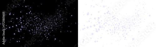 Abstract sparkling overlay with luminous particles on contrasting black and white backgrounds, creating a dynamic visual effect for creative design projects and artistic applications